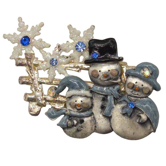 KC Brooch Silver Tone Blue Rhinestone Snowman Snowflake Winter Holiday Christmas - Picture 1 of 12